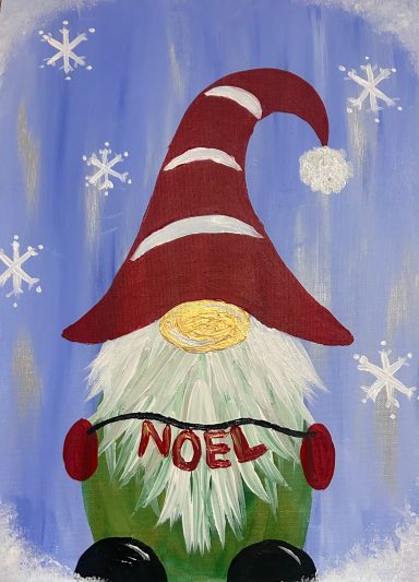 A festive gnome with a red hat and a green body holding a "NOEL" sign.