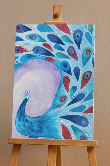 A vibrant painting of a peacock with colourful feather-like patterns on display.