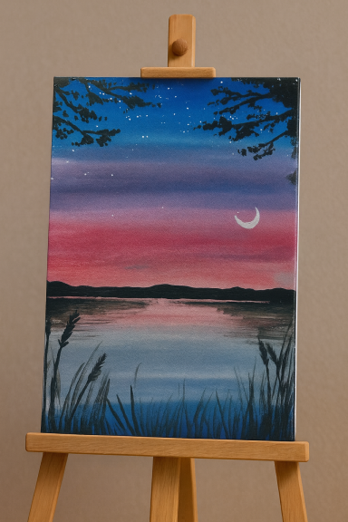 A serene twilight landscape with a calm lake and a crescent moon in the sky.