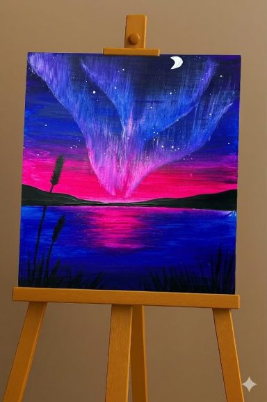Sunset landscape with vibrant auroras, a lake, mountains, and a crescent moon.