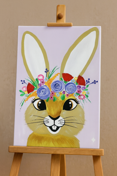 A cartoon rabbit with a floral crown, featuring colourful flowers on its head.