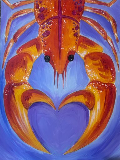 A vibrant lobster with a heart shape in the background, in shades of orange and purple.